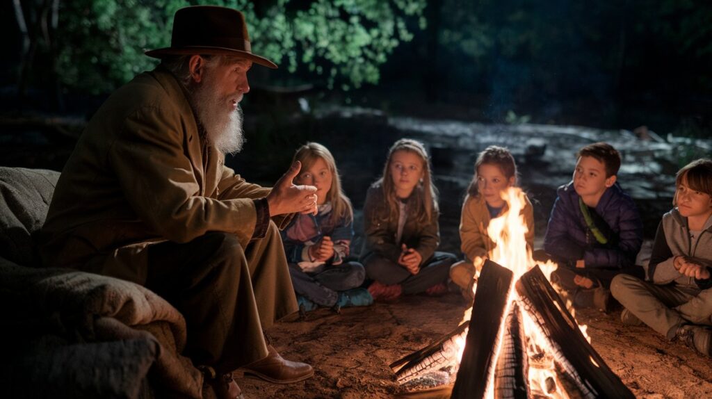 an old man sitting by a campfire in a forest, narrating a story to a group of children sitting around the fire.