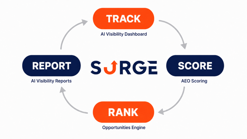 Closed-loop diagram showing the four operations of the new SurgeGraph AEO platform: Track, Score, Fix, Report, with each stage feeding the next in a continuous cycle.