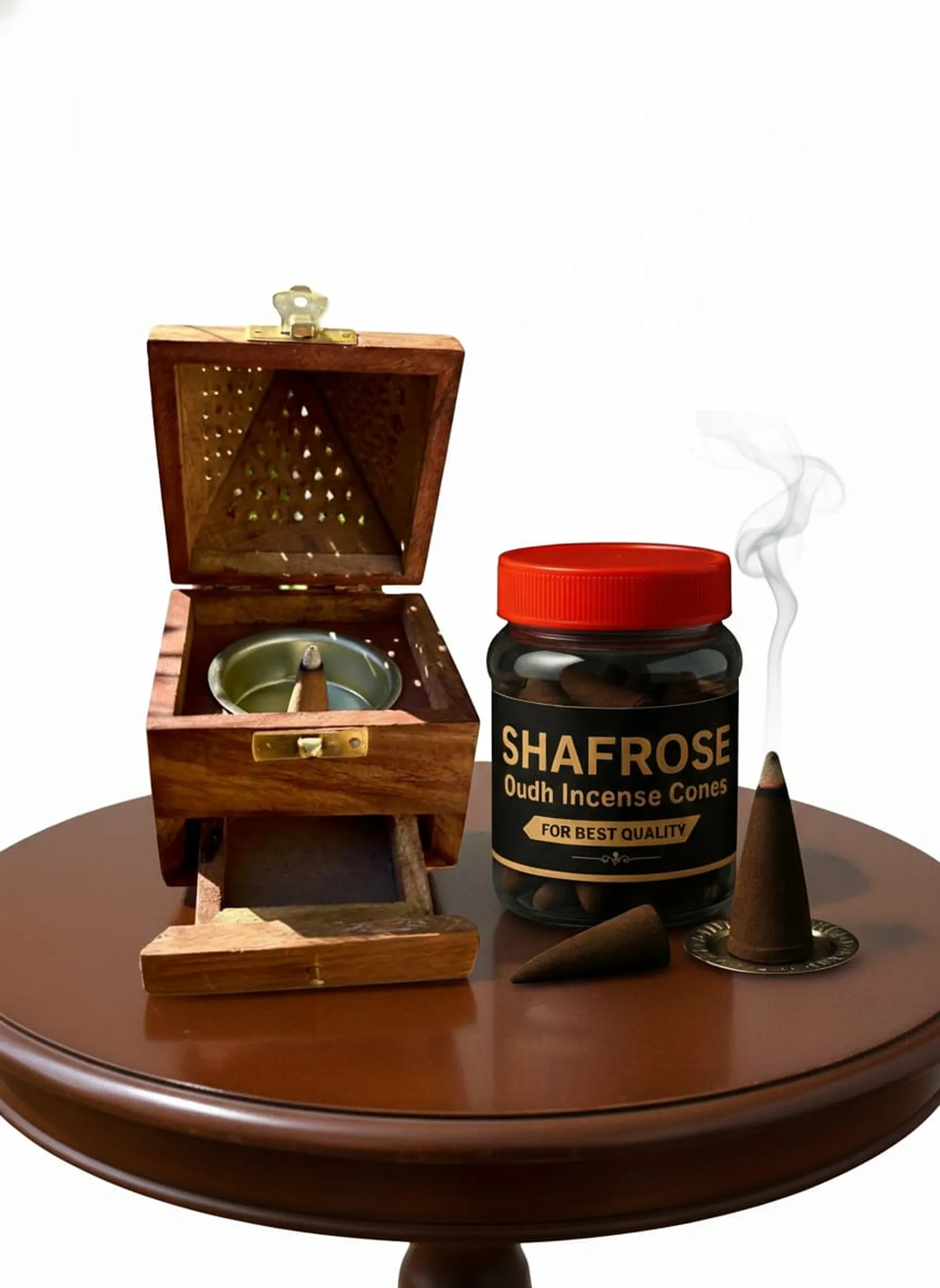 Shaff Oudh Incense Cones + Wooden Pyramid Burner