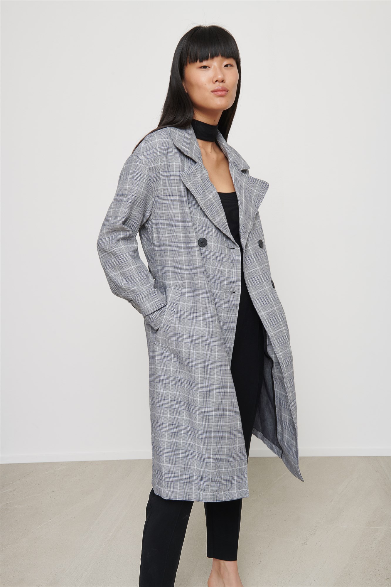 Belted Plaid Trench Coat