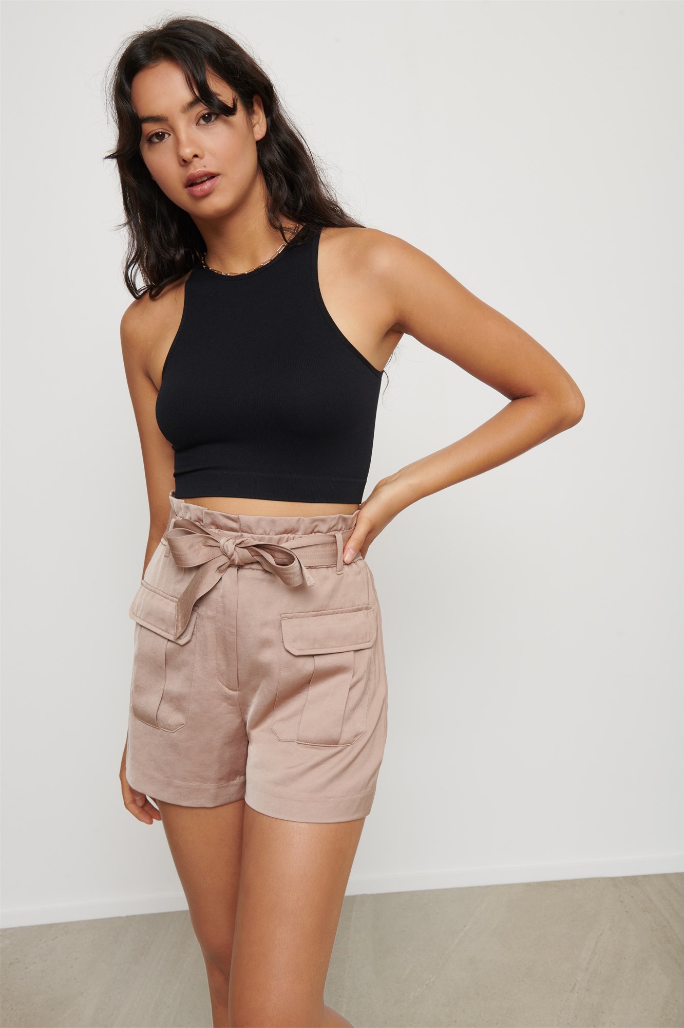 Belted Satin Utility High Waist Short