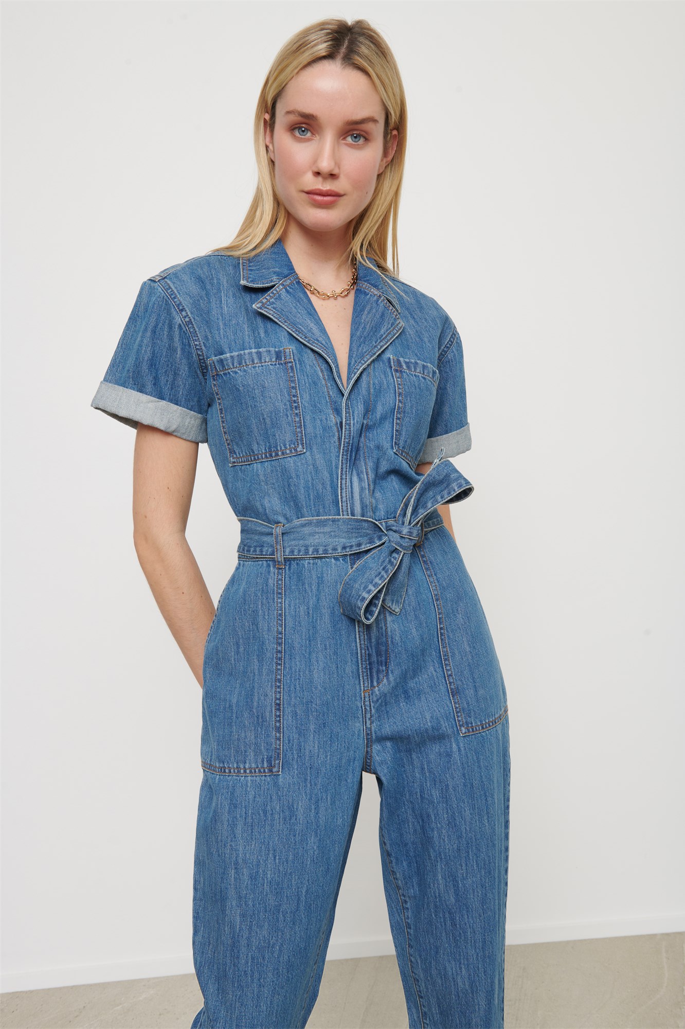 Short Sleeve Denim Jumpsuit