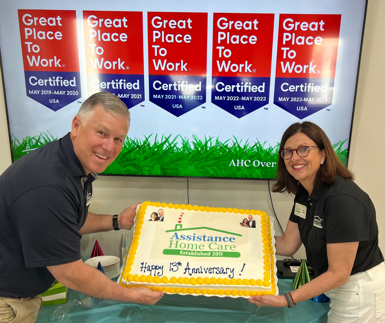Our Co-Founders Allen & Sally celebrating AHC's Founders' Day May 1st 2024. (And showing off our GPTW streak!)