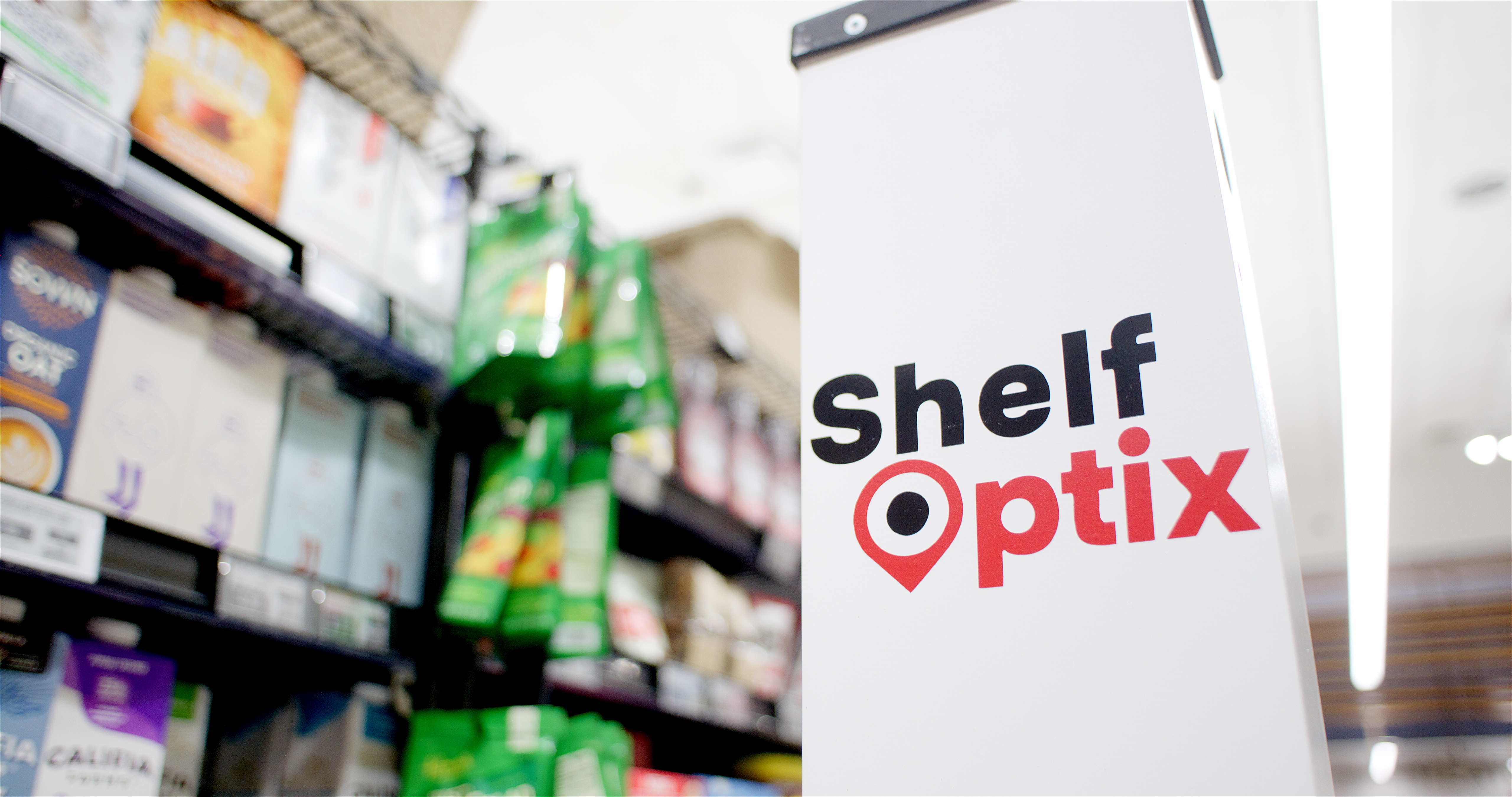ShelfOptix branded robot close-up in store aisle