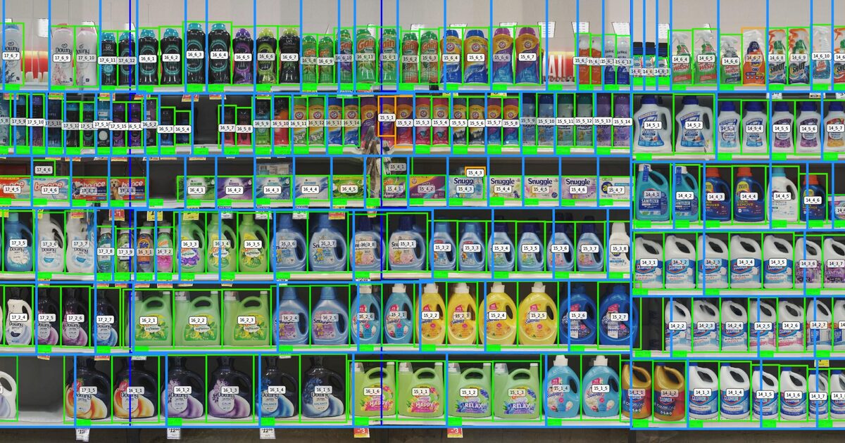 Realogram of a laundry aisle with every product facing detected and labeled by ShelfOptix computer vision