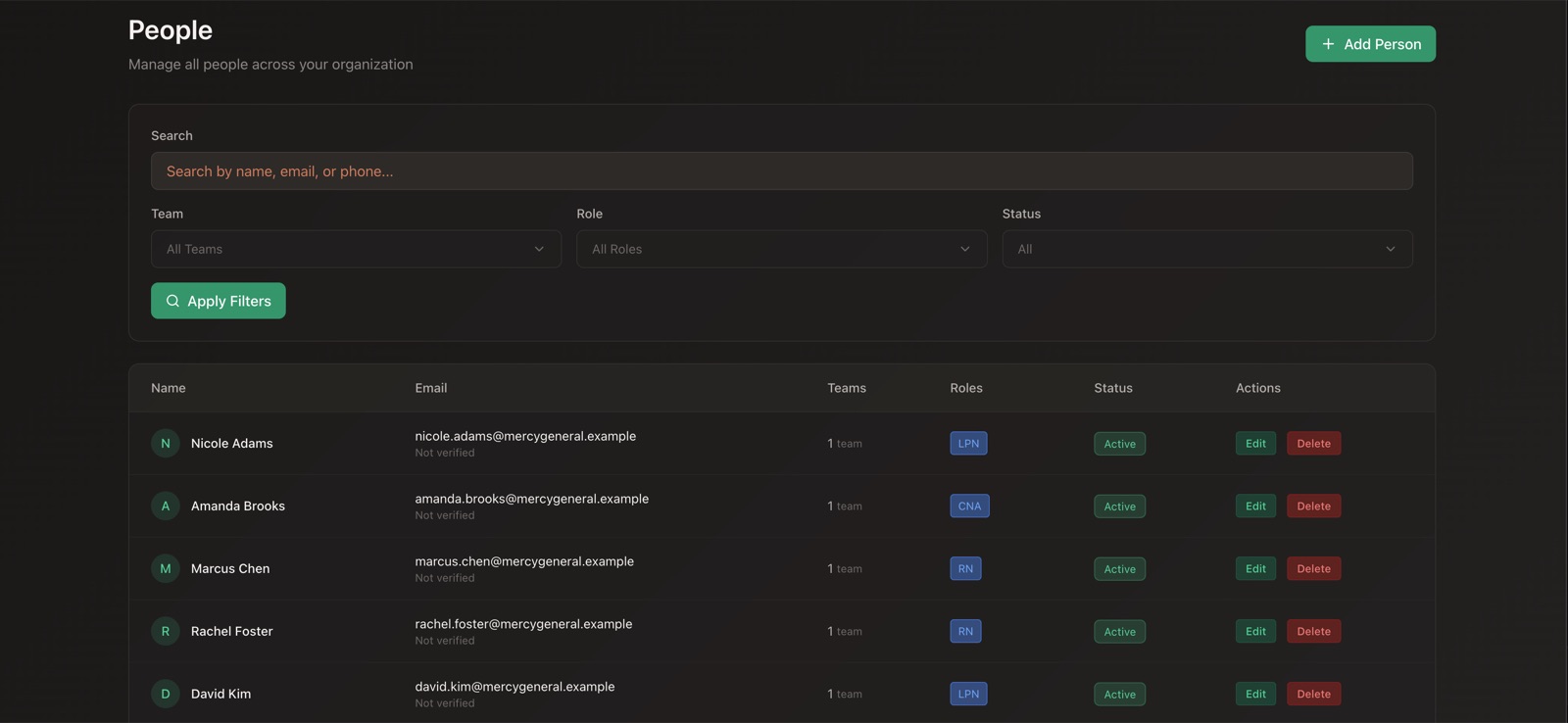 Employee management table with roles and status