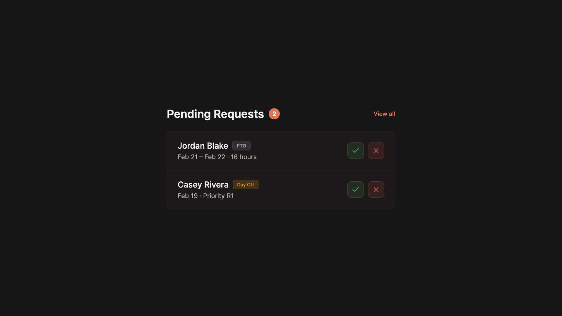 Dashboard showing pending PTO and day-off requests with approve and deny buttons