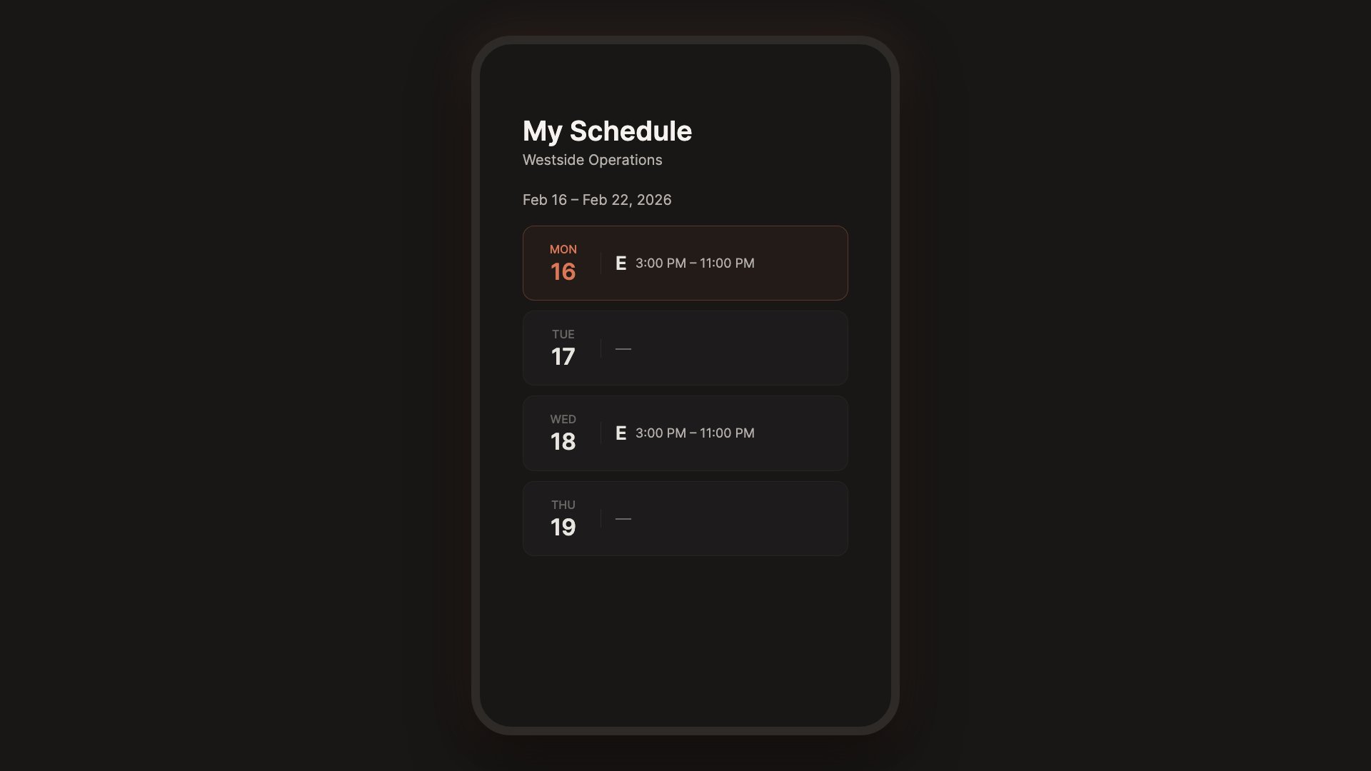 Employee portal showing personal schedule with shift assignments on a phone