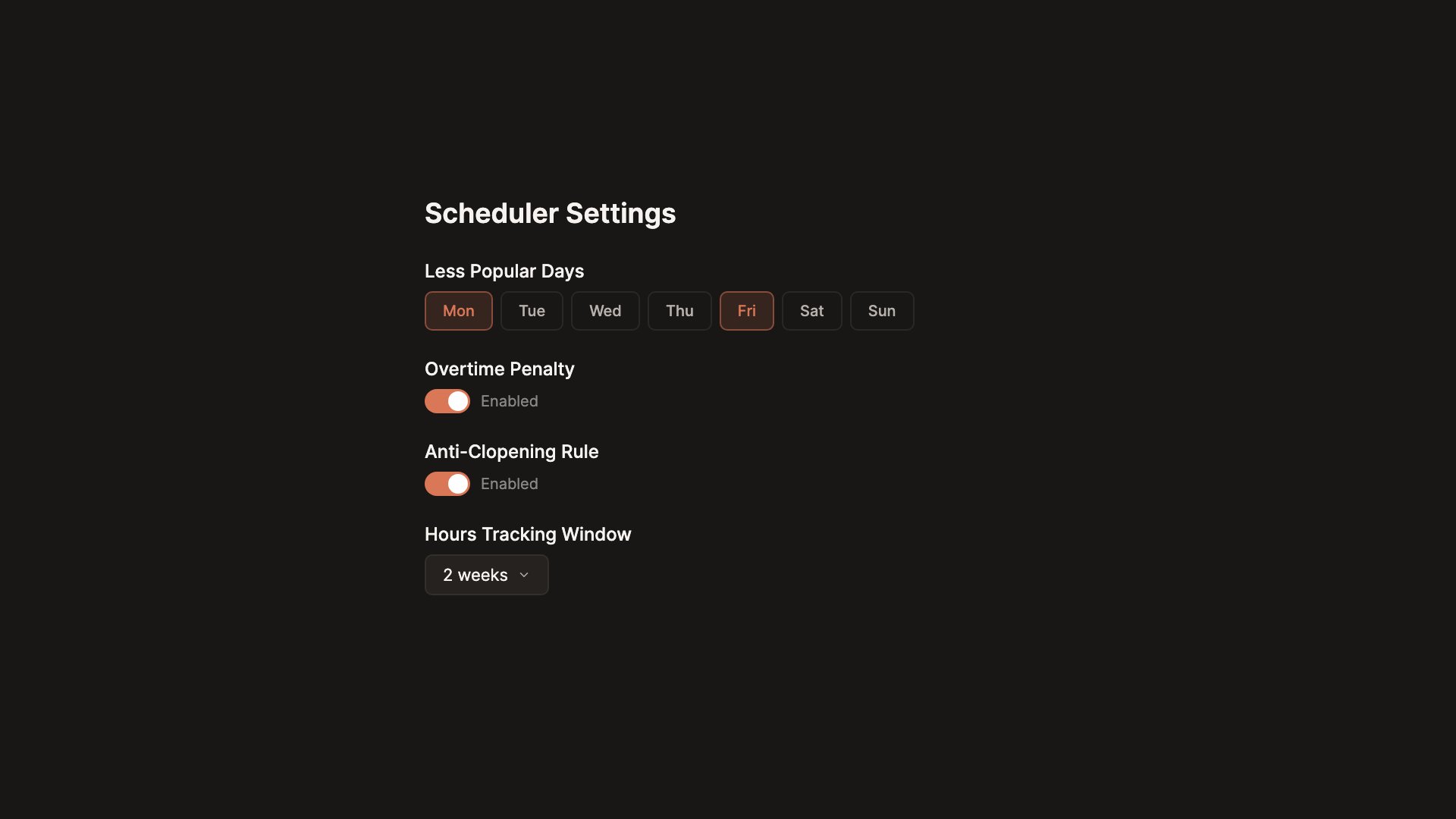 Team scheduler settings showing constraint toggles, day selectors, and scheduling rules