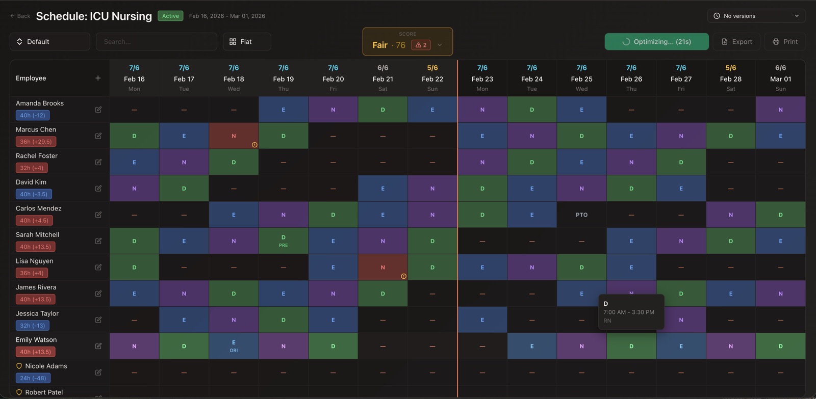 Schedule optimizer running at 21% with Fair score of 76