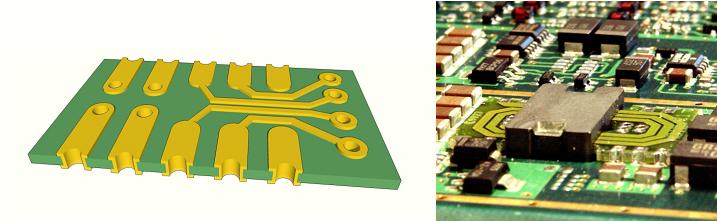 Explanatory 3D image of castellated holes planar pcb transformer with visible top coil and ferrite