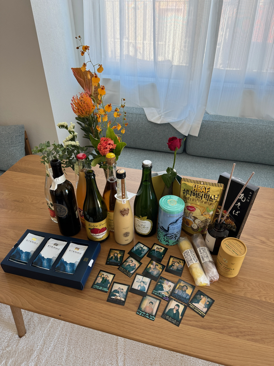 Housewarming gifts (that were not yet consumed) and polaroids from the night.