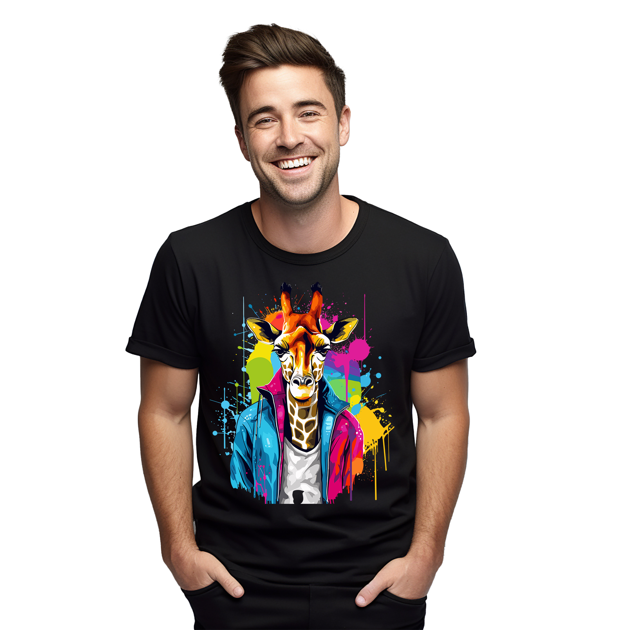 Camiseta Diseño Goteo Pintura Hombre Jirafa - ¡Divertida y Salvaje! Camiseta Divertida, Unisex Pr - Imagen 13 de 38