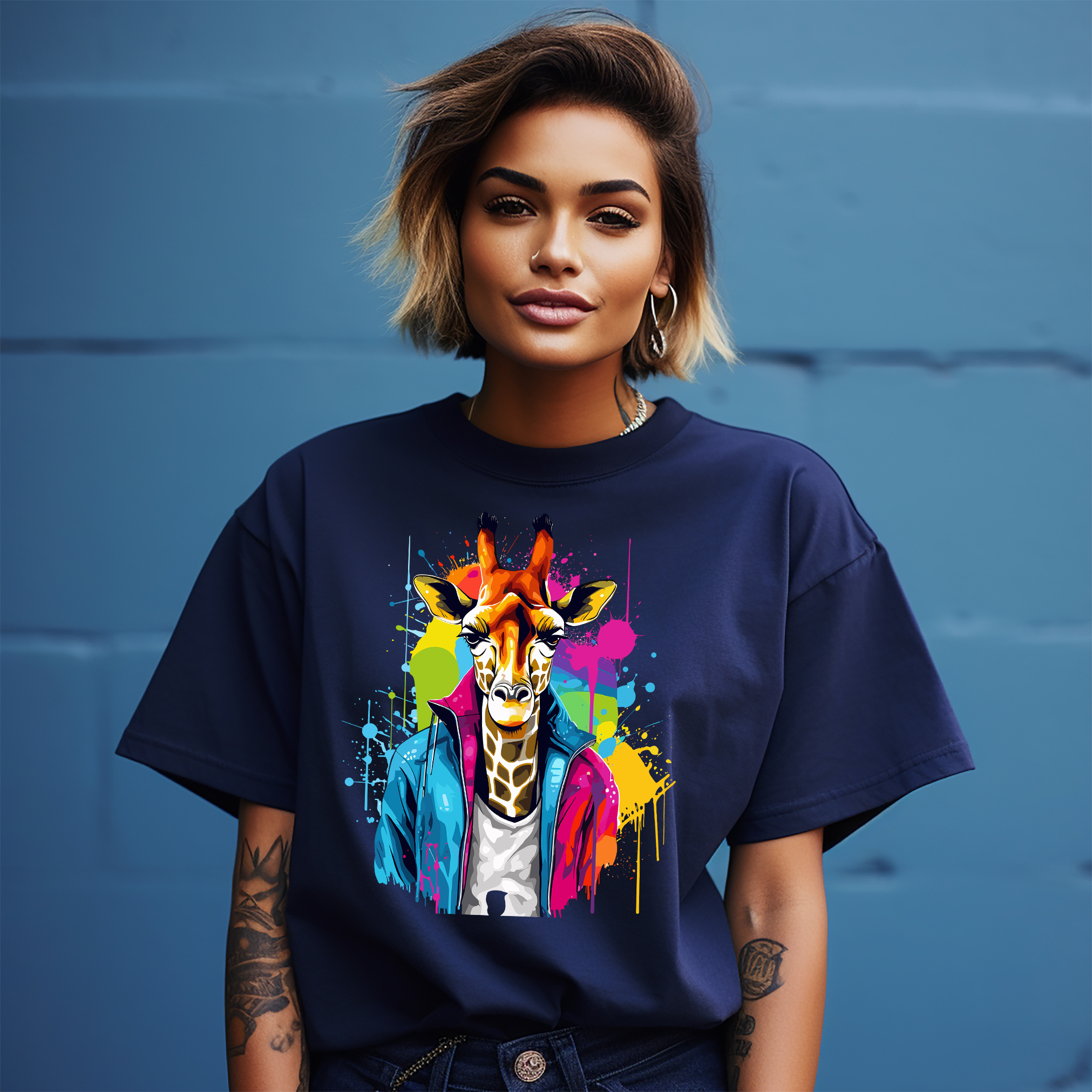 Camiseta Diseño Goteo Pintura Hombre Jirafa - ¡Divertida y Salvaje! Camiseta Divertida, Unisex Pr - Imagen 14 de 38