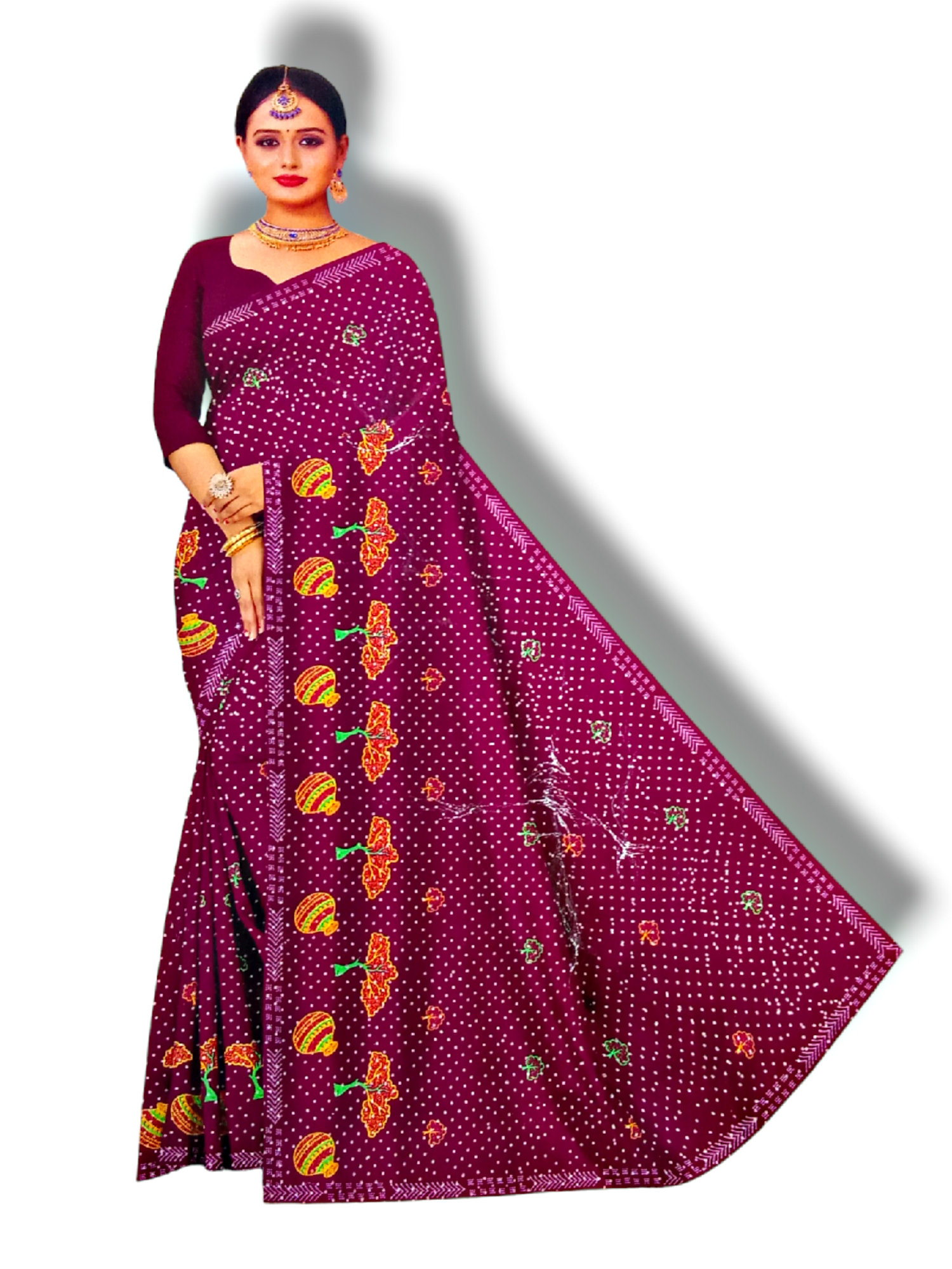 Parvati Collection  Printed Adavika  Art Silk Saree Hand Work , Solid Red With Blouse  - Purple