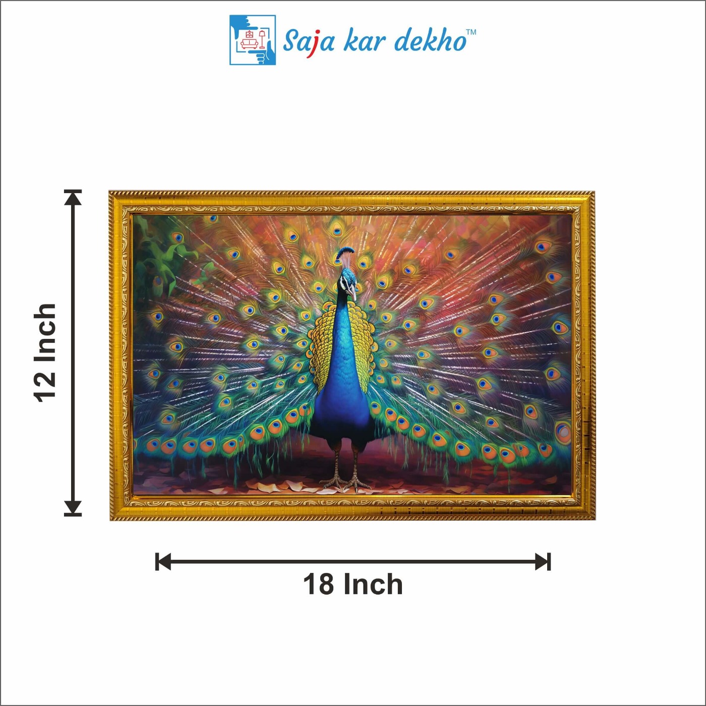 SAJA KAR DEKHO Beautiful Peacock With Mor Pankh High Quality Weather Resistant HD Wall Frame | 18 x 12 inch | - 18 X 12 inch