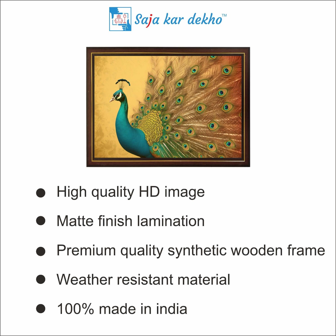 SAJA KAR DEKHO Beautiful Peacock With Yellow Background High Quality Weather Resistant HD Wall Frame | 18 x 12 inch | - 18 X 12 inch