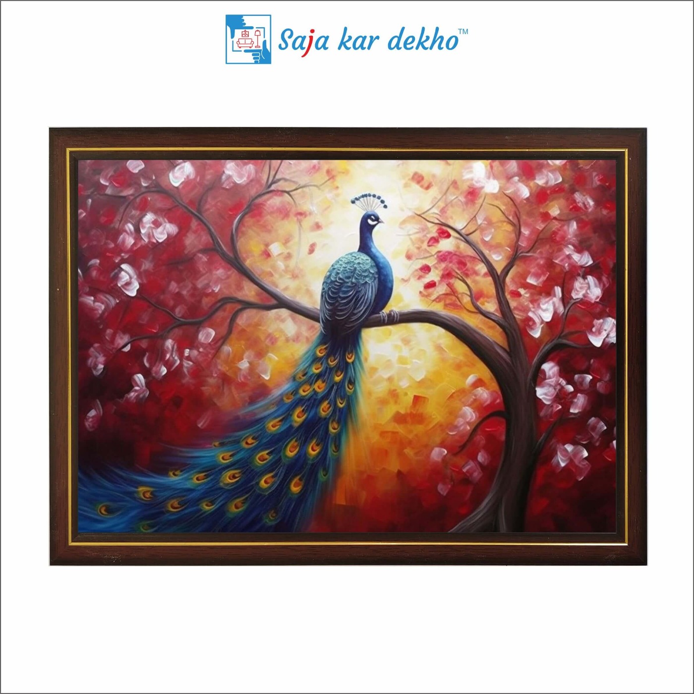 SAJA KAR DEKHO Beautiful Peacock With Red And Yellow Background High Quality Weather Resistant HD Wall Frame | 18 x 12 inch | - 18 X 12 inch