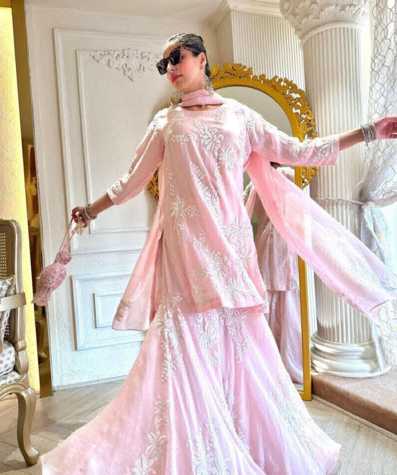 Beautiful Designer Suit - Pink Lace, Free Size Up To 42