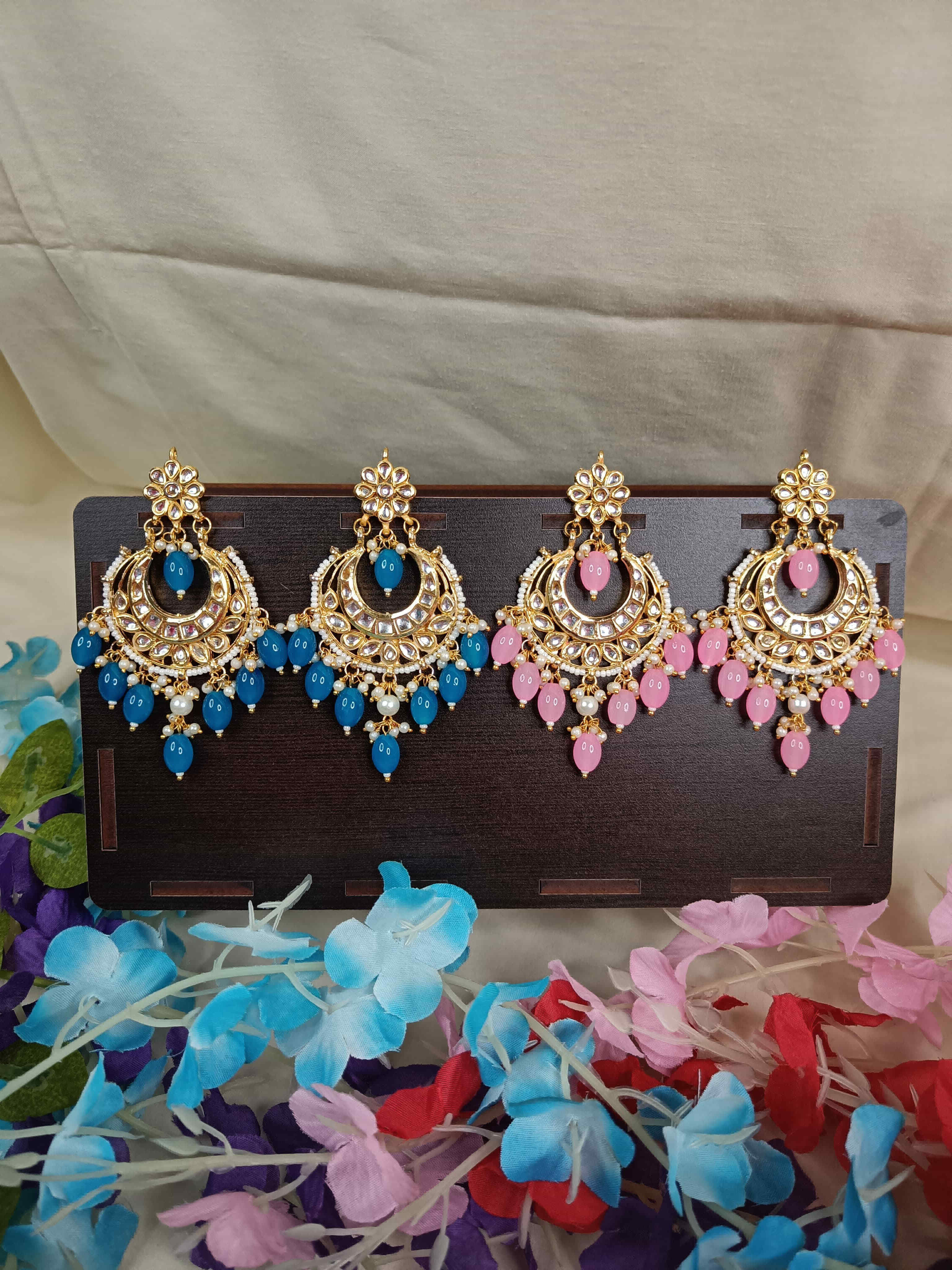 Kundan Chandbali Earrings  - Pink Lace