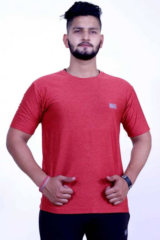 Men Self Design Round Neck Polyester Red T-Shirt