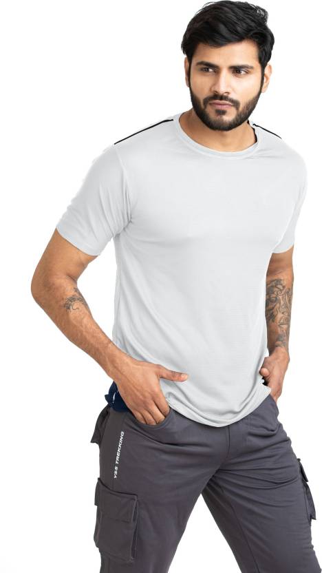 Solid Men Round Neck with Cool Rush Technology Men Solid Round Neck Polyester White T-Shirt