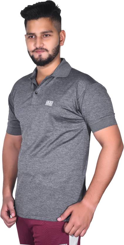 Men Solid Polo Neck Cotton Blend Grey T-Shirt