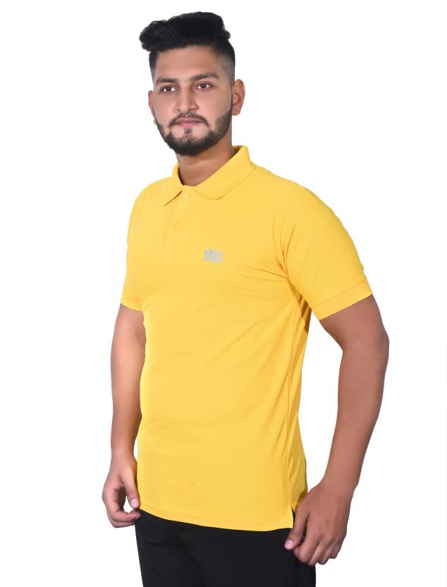 Men Solid Polo Neck Cotton Blend Yellow T-Shirt