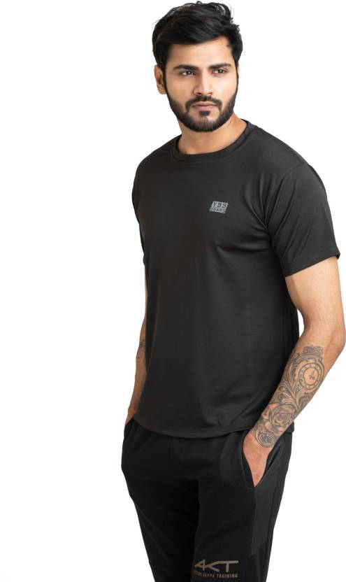 Men Solid Round Neck Polyester Black T-Shirt