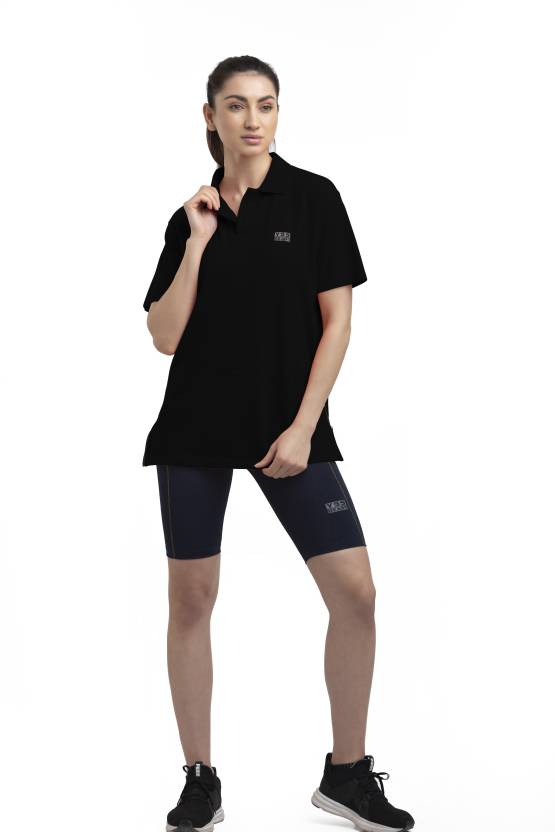 Women Solid Polo Neck Polyester Black T-Shirt