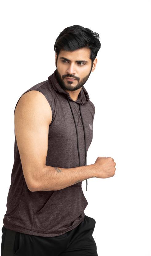 Men Solid Hooded Neck Polyester Brown T-Shirt