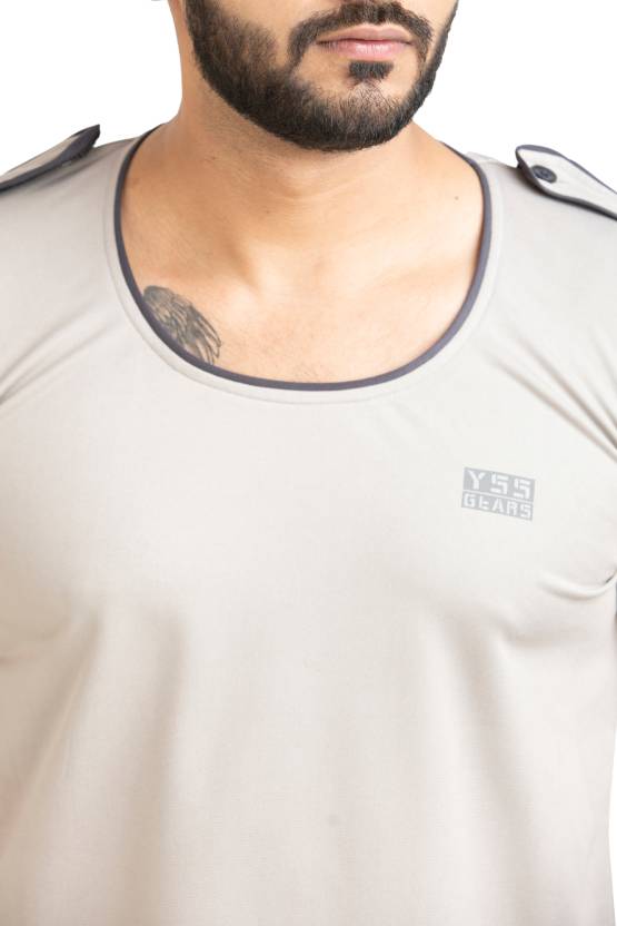 Men Solid Round Neck Polyester Grey T-Shirt