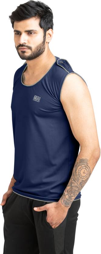 Men Solid Round Neck Polyester Dark Blue T-Shirt