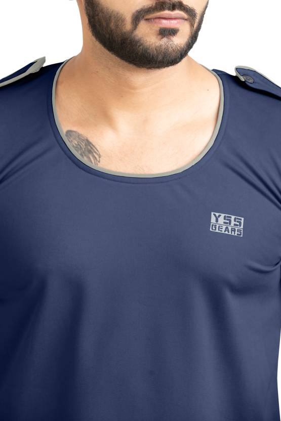 Men Solid Round Neck Polyester Dark Blue T-Shirt