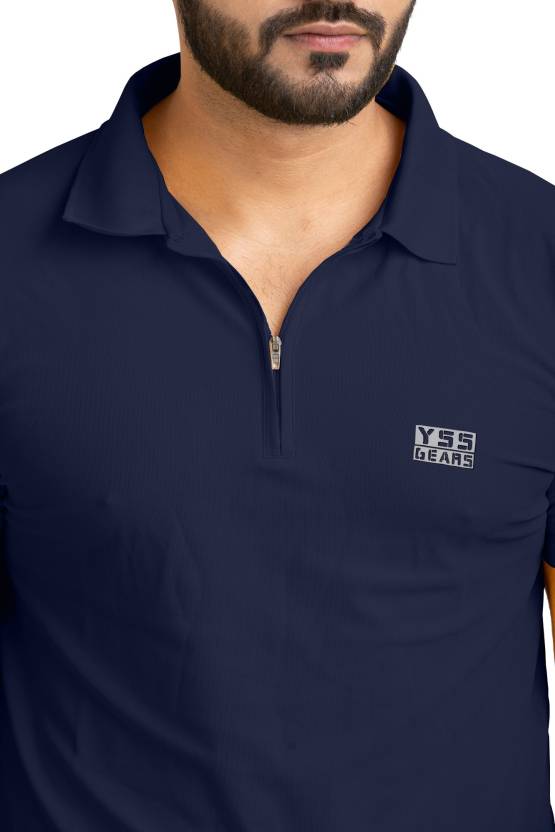 Men Solid Polo Neck Polyester Dark Blue T-Shirt