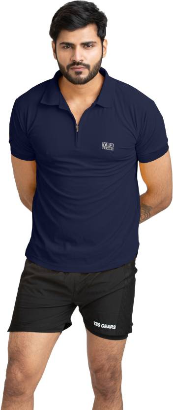 Men Solid Polo Neck Polyester Dark Blue T-Shirt
