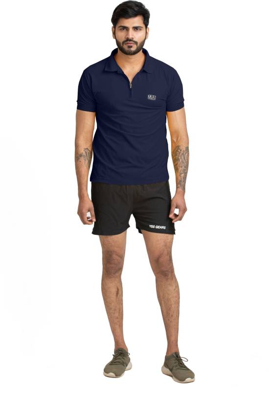 Men Solid Polo Neck Polyester Dark Blue T-Shirt