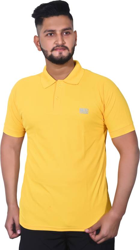 Men Solid Polo Neck Cotton Blend Yellow T-Shirt