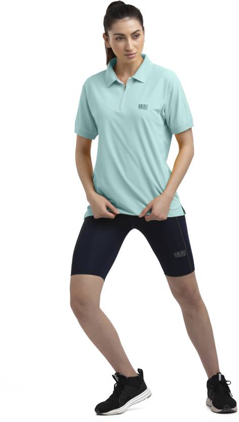 Women Solid Zip Neck Polyester Light Blue T-Shirt