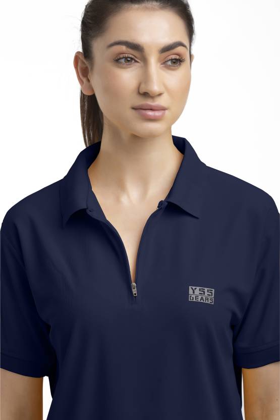 Women Solid Zip Neck Polyester Dark Blue T-Shirt
