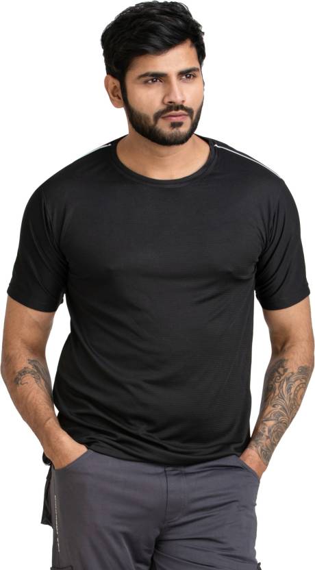 Men Solid Round Neck Polyester Black T-Shirt