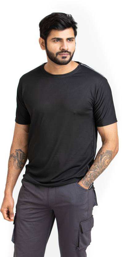 Men Solid Round Neck Polyester Black T-Shirt