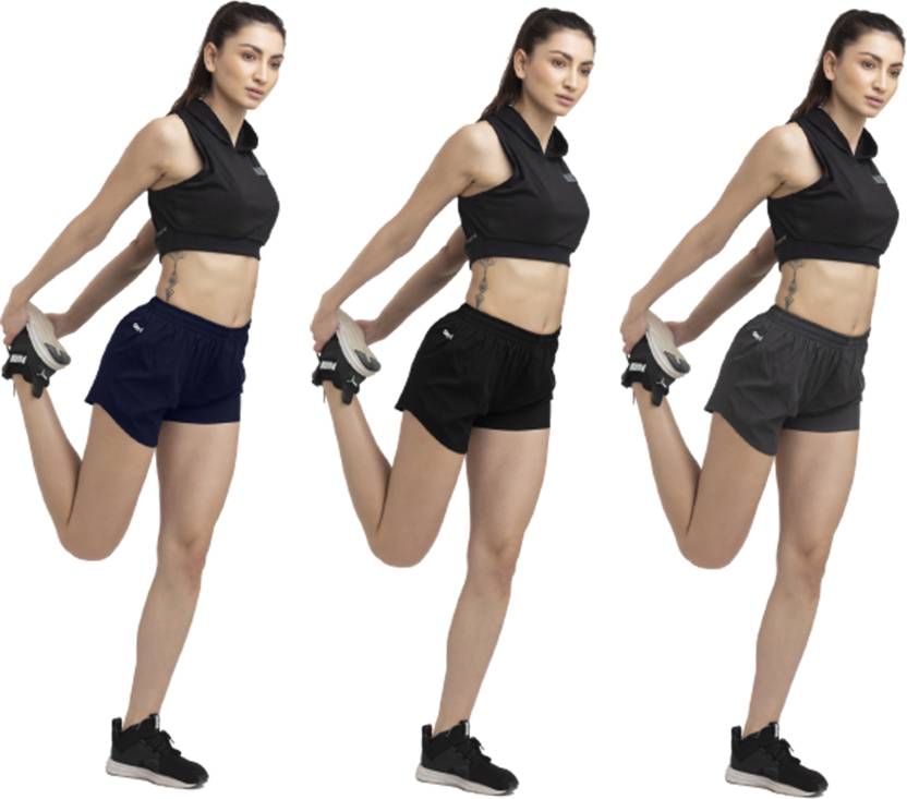 Pack of 3 Solid Women Black, Orange, Dark Blue Sports Shorts, Regular Shorts, Cycling Shorts, Night Shorts, Running Shorts