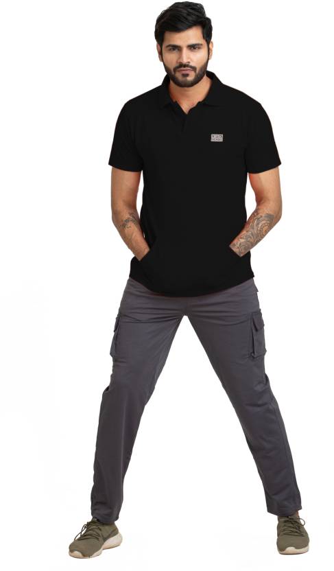 Men Solid Polo Neck Polyester Black T-Shirt