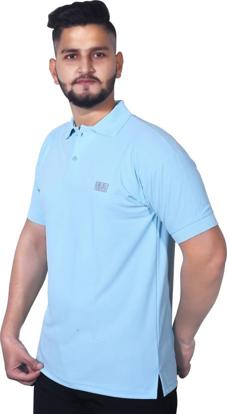 Men Solid Polo Neck Cotton Blend Light Blue T-Shirt