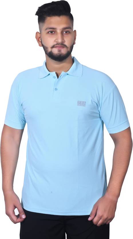 Men Solid Polo Neck Cotton Blend Light Blue T-Shirt