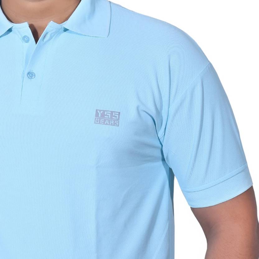 Men Solid Polo Neck Cotton Blend Light Blue T-Shirt