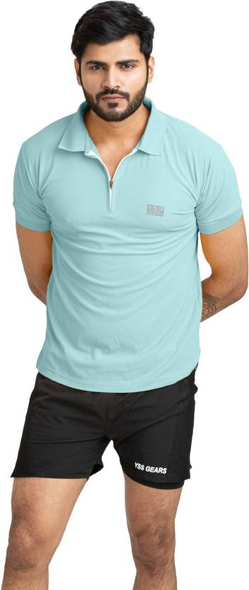 Men Solid Polo Neck Polyester Light Blue T-Shirt