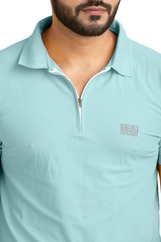 Men Solid Polo Neck Polyester Light Blue T-Shirt