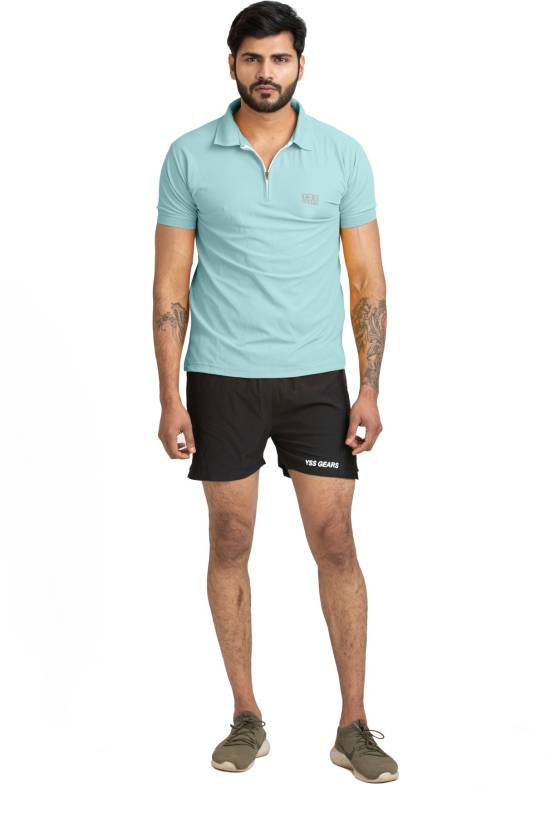 Men Solid Polo Neck Polyester Light Blue T-Shirt